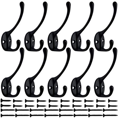 Black Scarf 10 Pack Heavy Duty Dual Coat Hooks Wall Mounted with 40 Screws Retro Double Hooks Utility Black No Rust Hooks for Coat Hat Key Bag Cup Towel Cap 